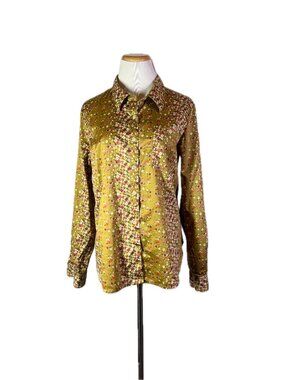 Sunset Rd Size 14 Ochre Floral Print Shirt Button-Up Roll Tab Sleeves